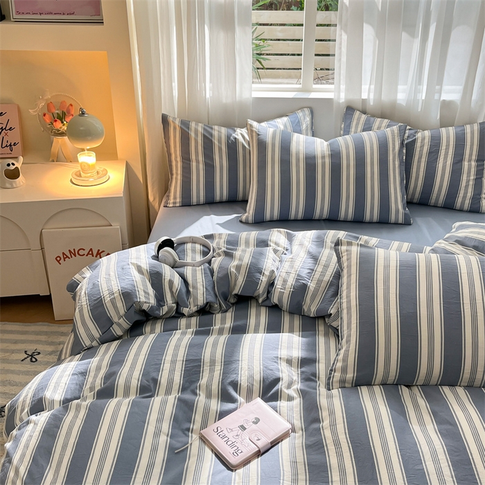 91家纺网 家纺一手货源 找家纺 盛秋家纺 2025新款亲肤格子水洗棉条纹格子四件套【简约风】蓝灰中条+海清