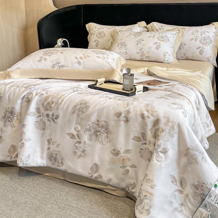 91家纺网 家纺一手货源 找家纺 2025春夏新款简奢款嵌绳莱赛尔数码印花夏被四件套单夏被床笠床单款 蔓艺