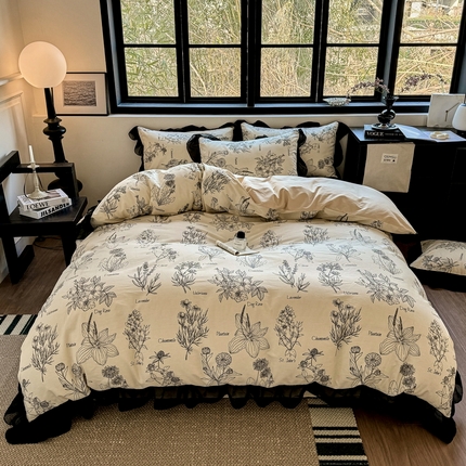 宅家居 2025新款爆款轻法式赫本风复古印花13372纯棉四件套韩式黑色花边40支全棉三件套 暮秋