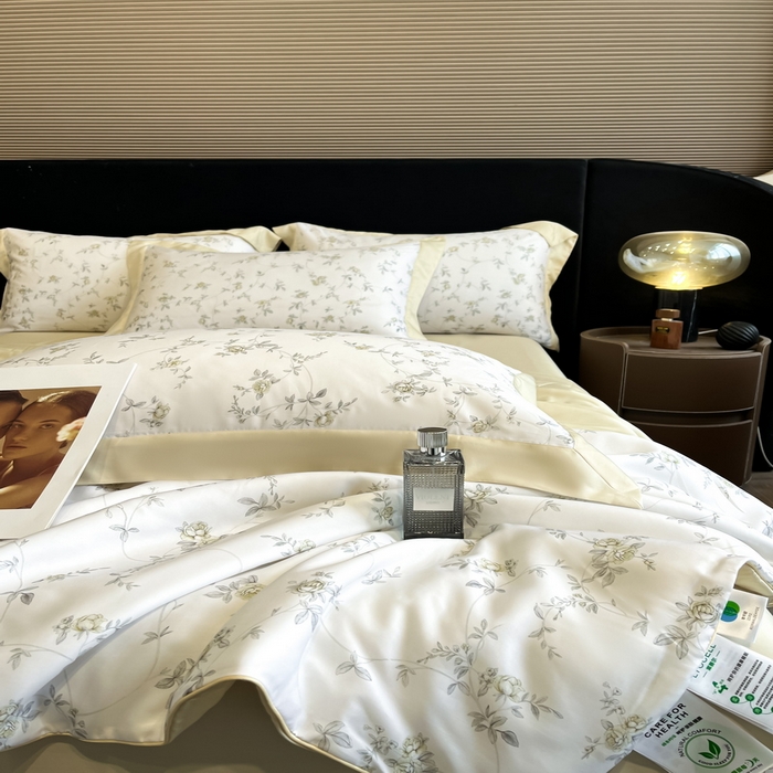 91家纺网 家纺一手货源 找家纺 2025春夏新款简奢款嵌绳莱赛尔数码印花夏被四件套单夏被床笠床单款 云芷