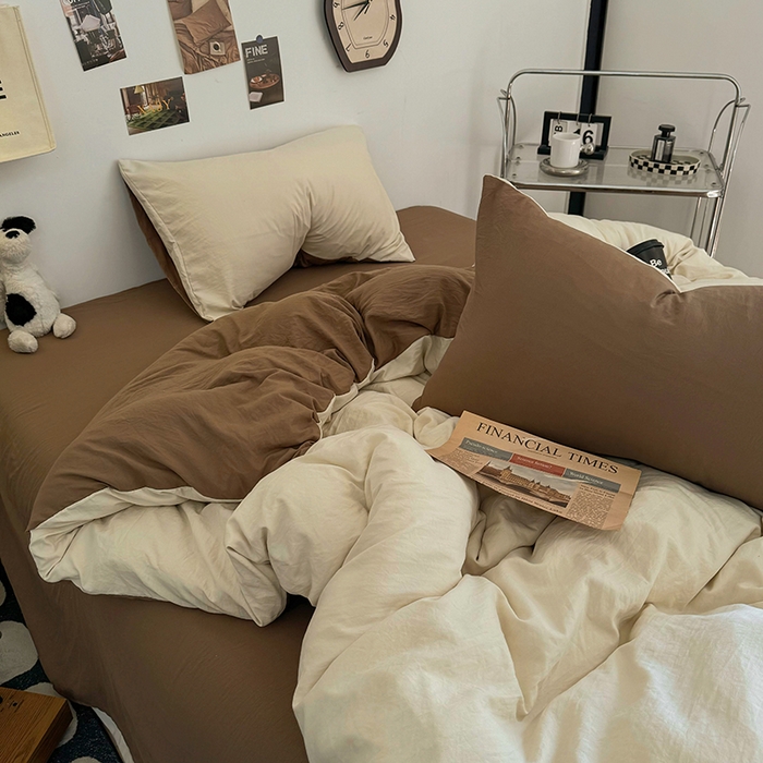 91家纺网 家纺一手货源 找家纺 耀达家居 2025新款纯色A类水洗棉双拼四件套 燕麦可可