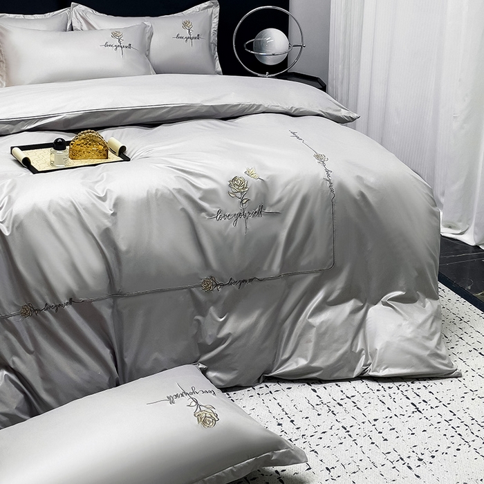 91家纺网 家纺一手货源 找家纺 2025春夏新款春夏新品水洗天丝棉轻奢刺绣四件套-芸伊 灰