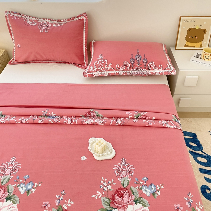 91家纺网 家纺一手货源 找家纺 2025春夏新品鱼骨棉老粗布凉席 欧式风情-粉