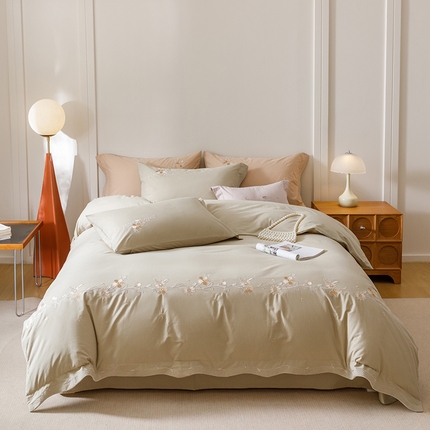 艾莱家纺 2025新款A类水洗棉加厚绣花四件套-栀夏 栀夏-暮光绿