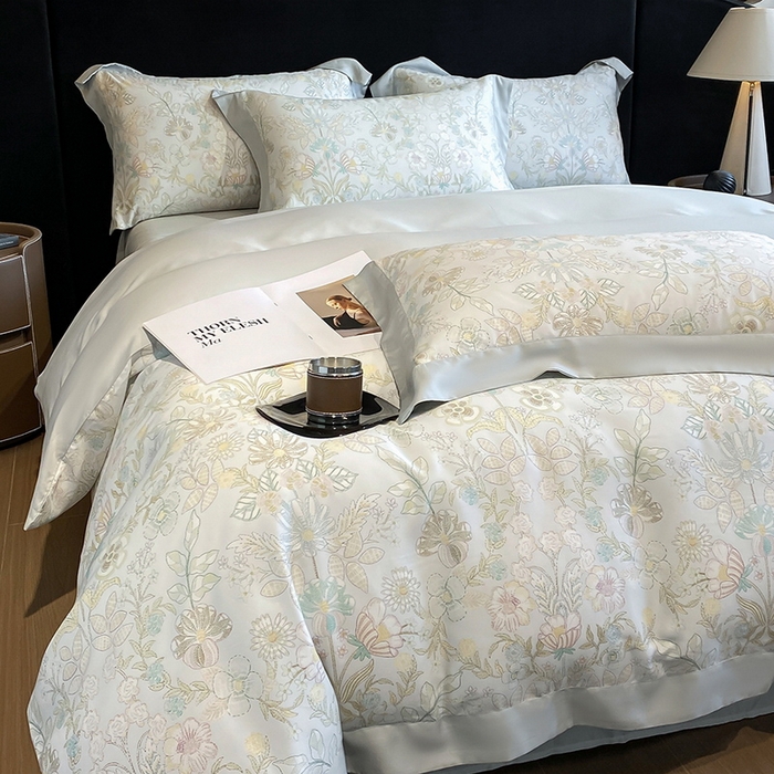 91家纺网 家纺一手货源 找家纺 2025春夏新款简奢款嵌绳莱赛尔数码印花四件套单夏被床笠床单款 素瑾 绿