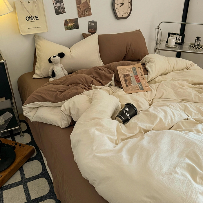 91家纺网 家纺一手货源 找家纺 耀达家居 2025新款纯色A类水洗棉双拼四件套 燕麦可可