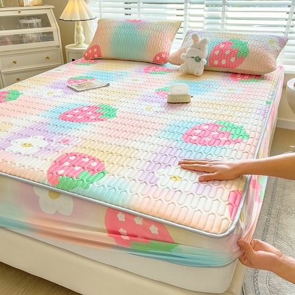 世纪绒品 2026新款印花卡通床笠款乳胶凉席 草莓-粉