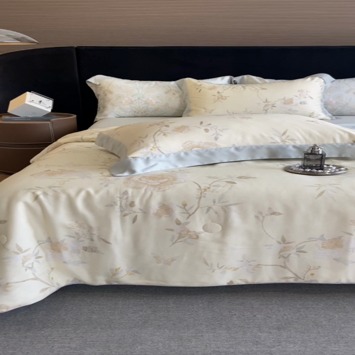 91家纺网 家纺一手货源 找家纺 2025春夏新款简奢款嵌绳莱赛尔数码印花夏被四件套单夏被床笠床单款 妍艺 黄 