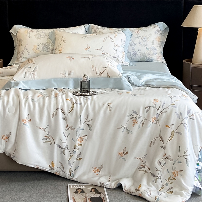 91家纺网 家纺一手货源 找家纺 2025春夏新款简奢款嵌绳莱赛尔数码印花夏被四件套单夏被床笠床单款 清雅 