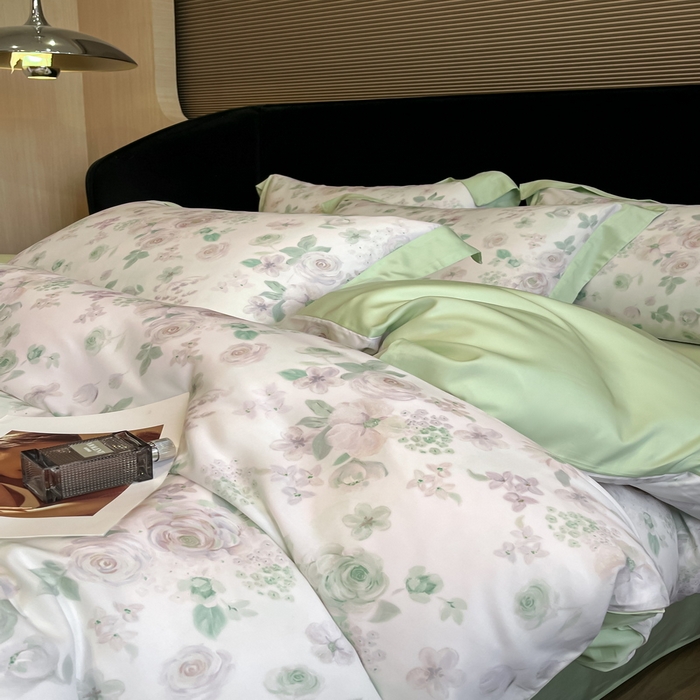 91家纺网 家纺一手货源 找家纺 2025春夏新款简奢款嵌绳莱赛尔数码印花四件套单夏被床笠床单款 念池-绿