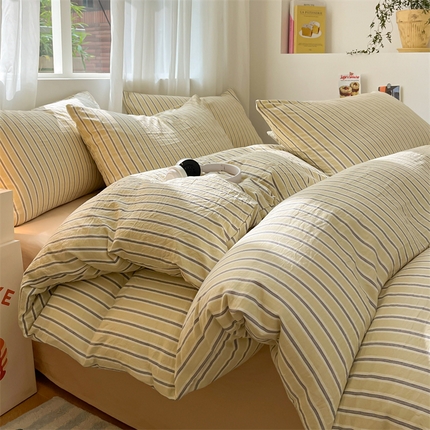 盛秋家纺 2025新款亲肤格子水洗棉条纹格子四件套【简约风】泡芙黄+奶茶