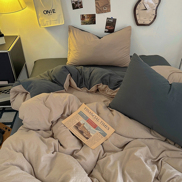 91家纺网 家纺一手货源 找家纺 耀达家居 2025新款纯色A类水洗棉双拼四件套 奶茶灰