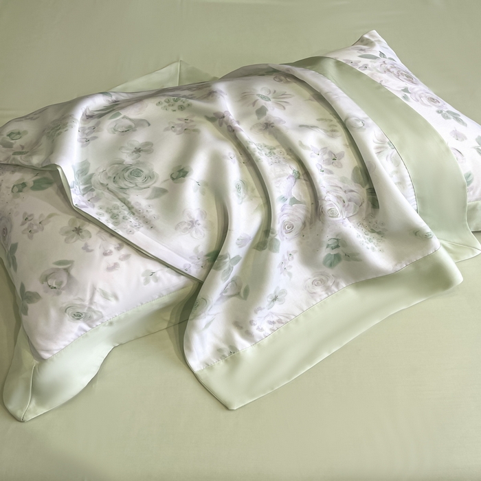 91家纺网 家纺一手货源 找家纺 2025春夏新款简奢款嵌绳莱赛尔数码印花夏被四件套单夏被床笠床单款 念池-绿