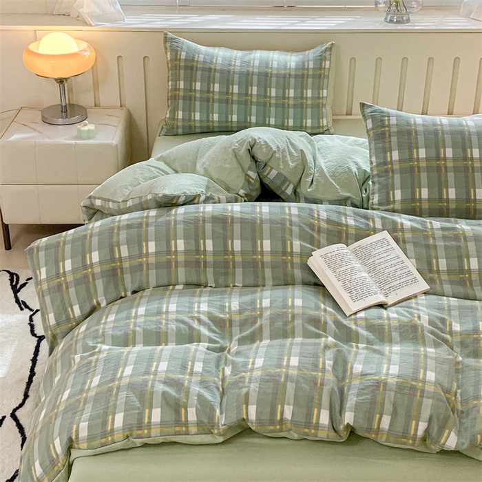 91家纺网 家纺一手货源 找家纺 盛秋家纺 2025新款亲肤格子水洗棉条纹格子四件套【简约风】伯曼+灰绿