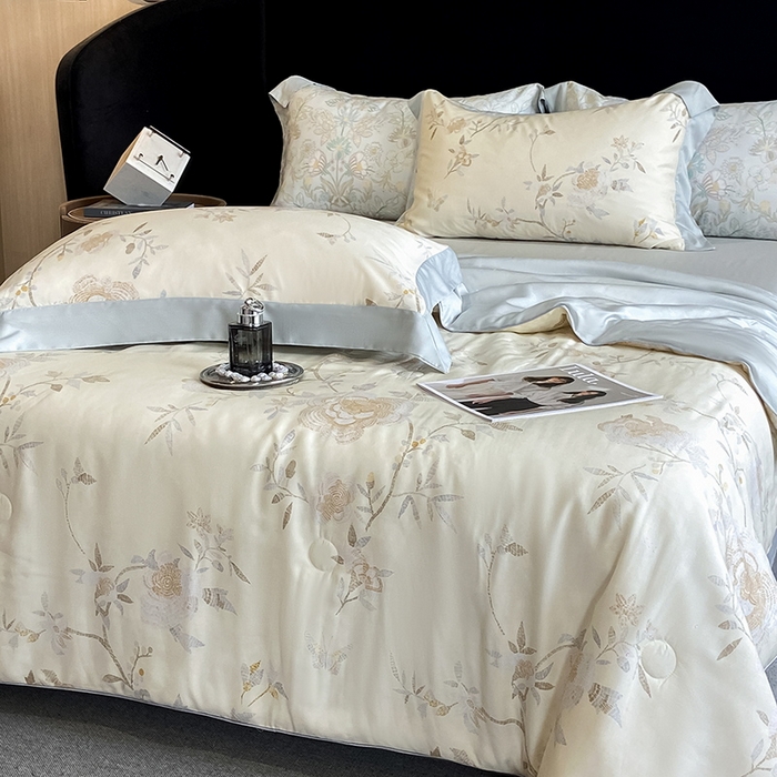 91家纺网 家纺一手货源 找家纺 2025春夏新款简奢款嵌绳莱赛尔数码印花夏被四件套单夏被床笠床单款 妍艺 黄 