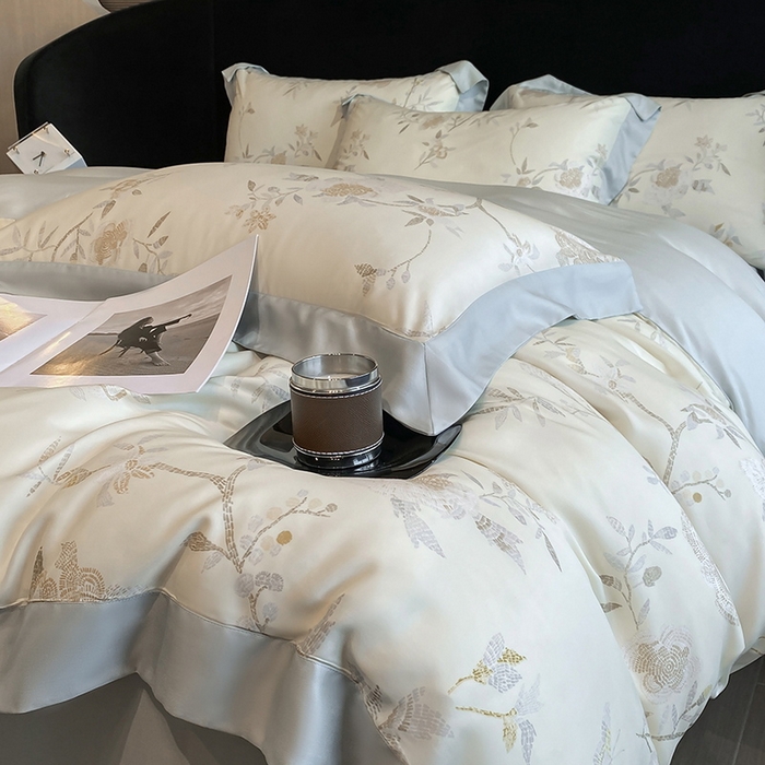 91家纺网 家纺一手货源 找家纺 2025春夏新款简奢款嵌绳莱赛尔数码印花四件套单夏被床笠床单款 妍艺 黄