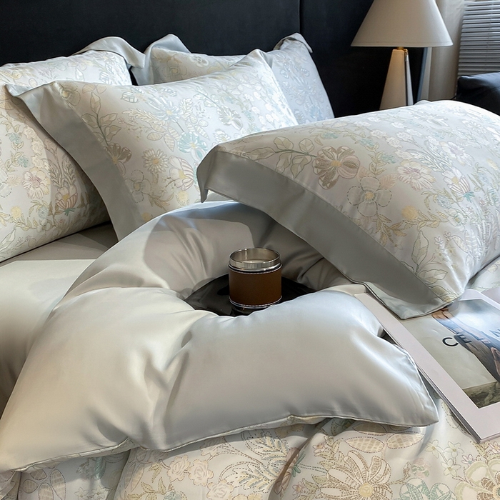 91家纺网 家纺一手货源 找家纺 2025春夏新款简奢款嵌绳莱赛尔数码印花四件套单夏被床笠床单款 素瑾 绿