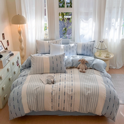 莱茵家居 2025春夏新款A类色织华夫格提花全棉四件套 画心-天空蓝