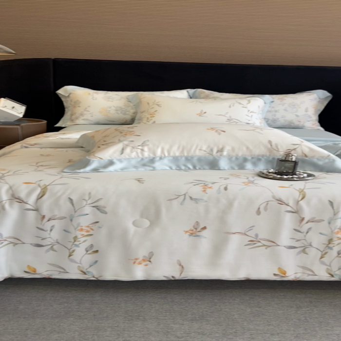 91家纺网 家纺一手货源 找家纺 2025春夏新款简奢款嵌绳莱赛尔数码印花夏被四件套单夏被床笠床单款 清雅 