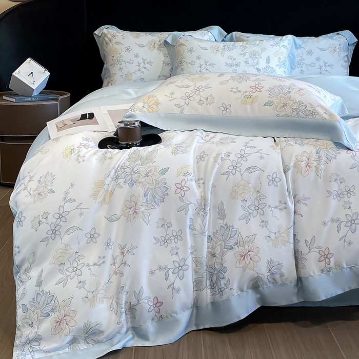 91家纺网 家纺一手货源 找家纺 （总）2025春夏新款简奢款嵌绳莱赛尔数码印花四件套单夏被床笠床单款