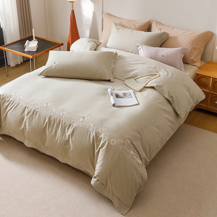 91家纺网 家纺一手货源 找家纺 艾莱家纺 2025新款A类水洗棉加厚绣花四件套-栀夏 栀夏-暮光绿