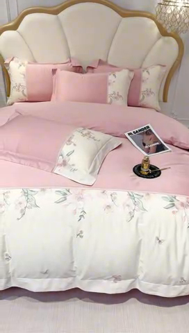 91家纺网 家纺一手货源 找家纺 （总）宅家居 2025轻奢法式小香风双面纯棉刺绣拼接款长绒棉四件套-樱花恋