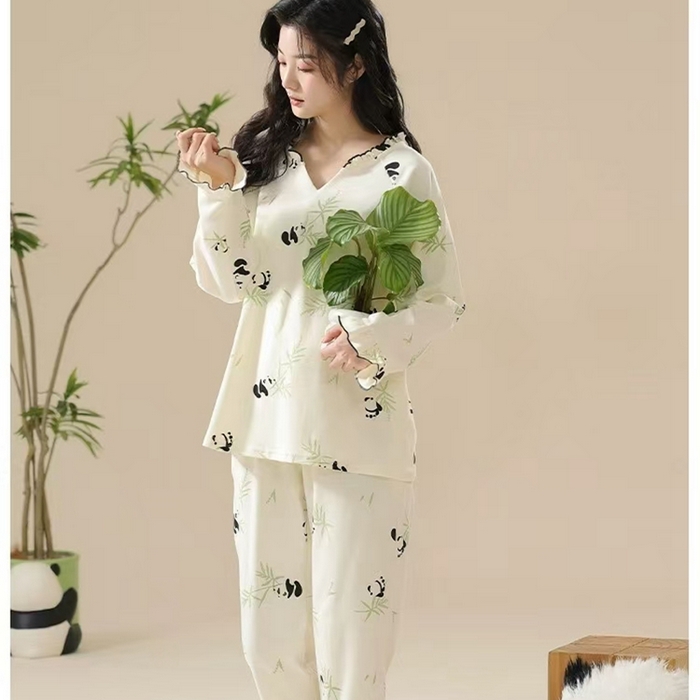 91家纺网 家纺一手货源 找家纺 （总）洛兰沙家居馆【只代发】【只代发】 【7A抑菌】睡衣女款春秋季纯棉长袖娃娃装休闲熊猫全棉家居服