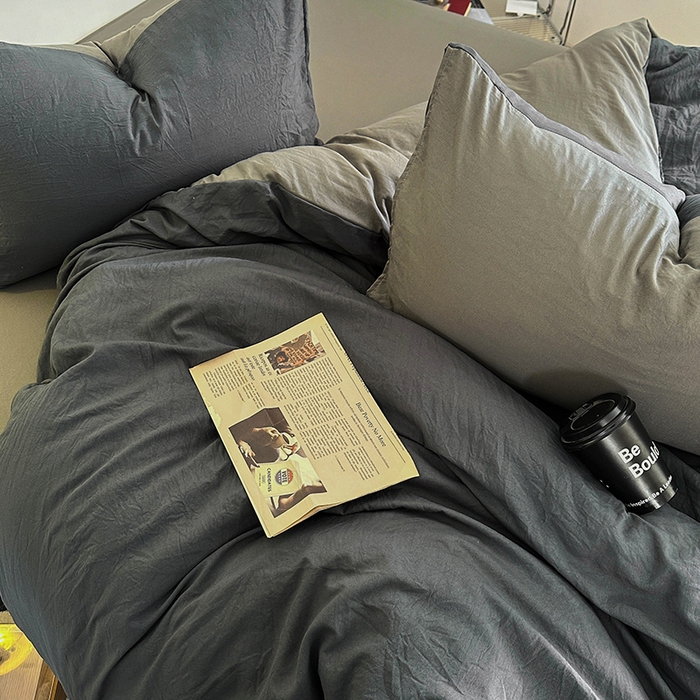 91家纺网 家纺一手货源 找家纺 耀达家居 2025新款纯色A类水洗棉双拼四件套 经典灰