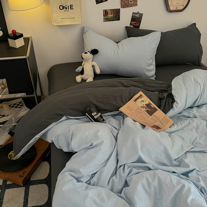 91家纺网 家纺一手货源 找家纺 耀达家居 2025新款纯色A类水洗棉双拼四件套 海盐蓝灰