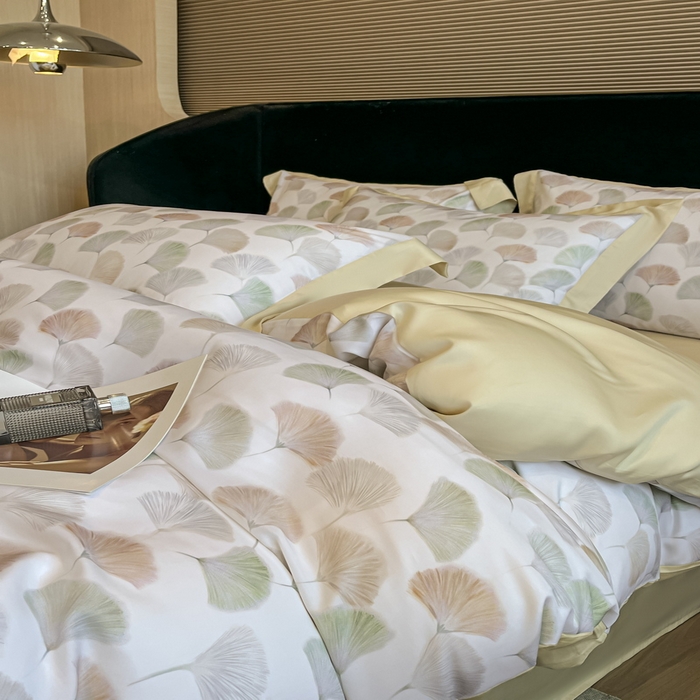 91家纺网 家纺一手货源 找家纺 2025春夏新款简奢款嵌绳莱赛尔数码印花四件套单夏被床笠床单款 林间蜜杏