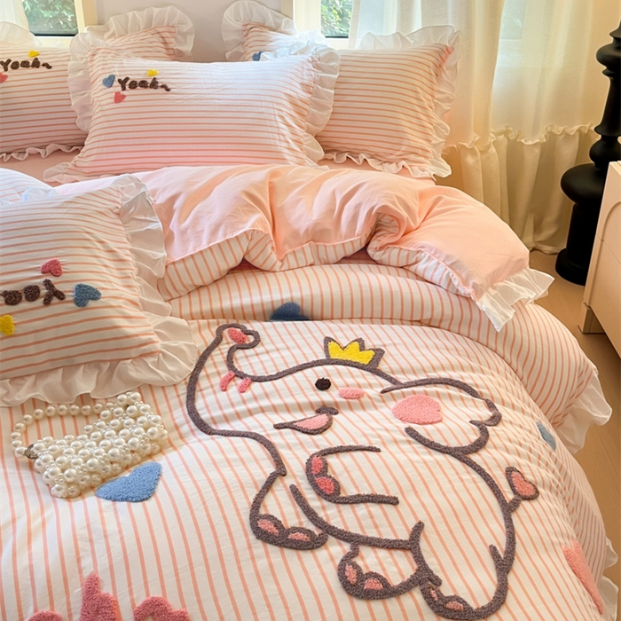 91家纺网 家纺一手货源 找家纺 （总）泉欣家纺 2025新品韩系网红水洗棉卡通毛巾绣花小象考拉系列四件套（专版花型）