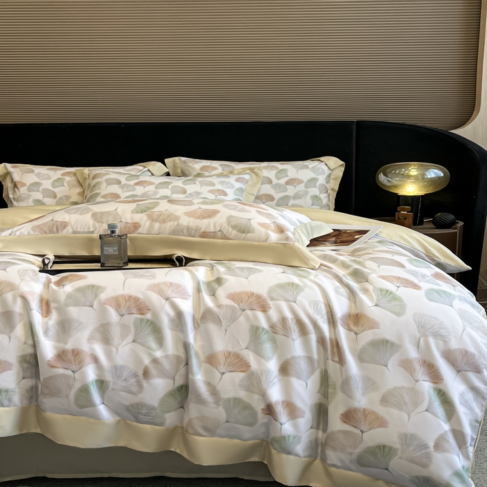 91家纺网 家纺一手货源 找家纺 2025春夏新款简奢款嵌绳莱赛尔数码印花四件套单夏被床笠床单款 林间蜜杏