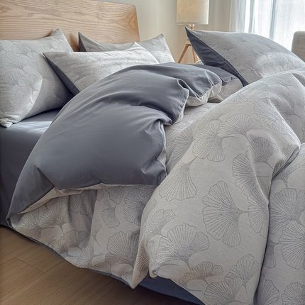 莱茵家居 2025春夏新款A类三层纱色织提花全棉四件套 杏曳浅灰