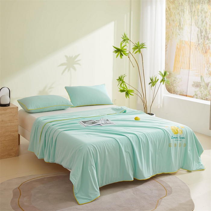 91家纺网 家纺一手货源 找家纺 恒畅 2024新款A类凉感丝纯色双拼柠檬夏被 柠檬-天蓝