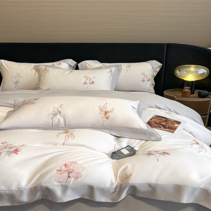 91家纺网 家纺一手货源 找家纺 2025春夏新款简奢款嵌绳莱赛尔数码印花四件套单夏被床笠床单款 遥花