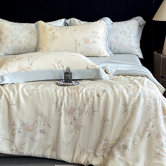 91家纺网 家纺一手货源 找家纺 2025春夏新款简奢款嵌绳莱赛尔数码印花夏被四件套单夏被床笠床单款 妍艺 黄 