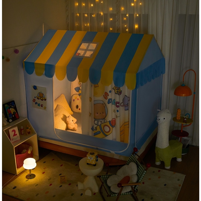 91家纺网 家纺一手货源 找家纺 卓尔居2025新款儿童小房子坐床式防摔蚊帐螺纹碳素钢支架梦幻 梦幻星屋-蓝