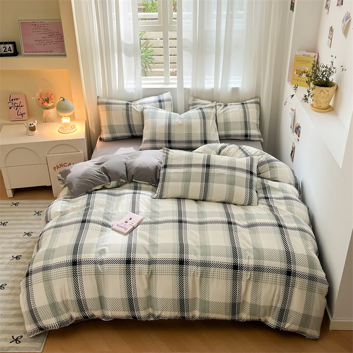 91家纺网 家纺一手货源 找家纺 盛秋家纺 2025新款亲肤格子水洗棉条纹格子四件套【简约风】格瑞斯+中灰