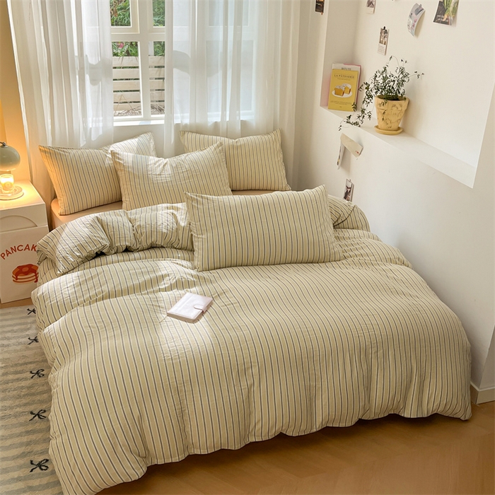 91家纺网 家纺一手货源 找家纺 盛秋家纺 2025新款亲肤格子水洗棉条纹格子四件套【简约风】泡芙黄+奶茶