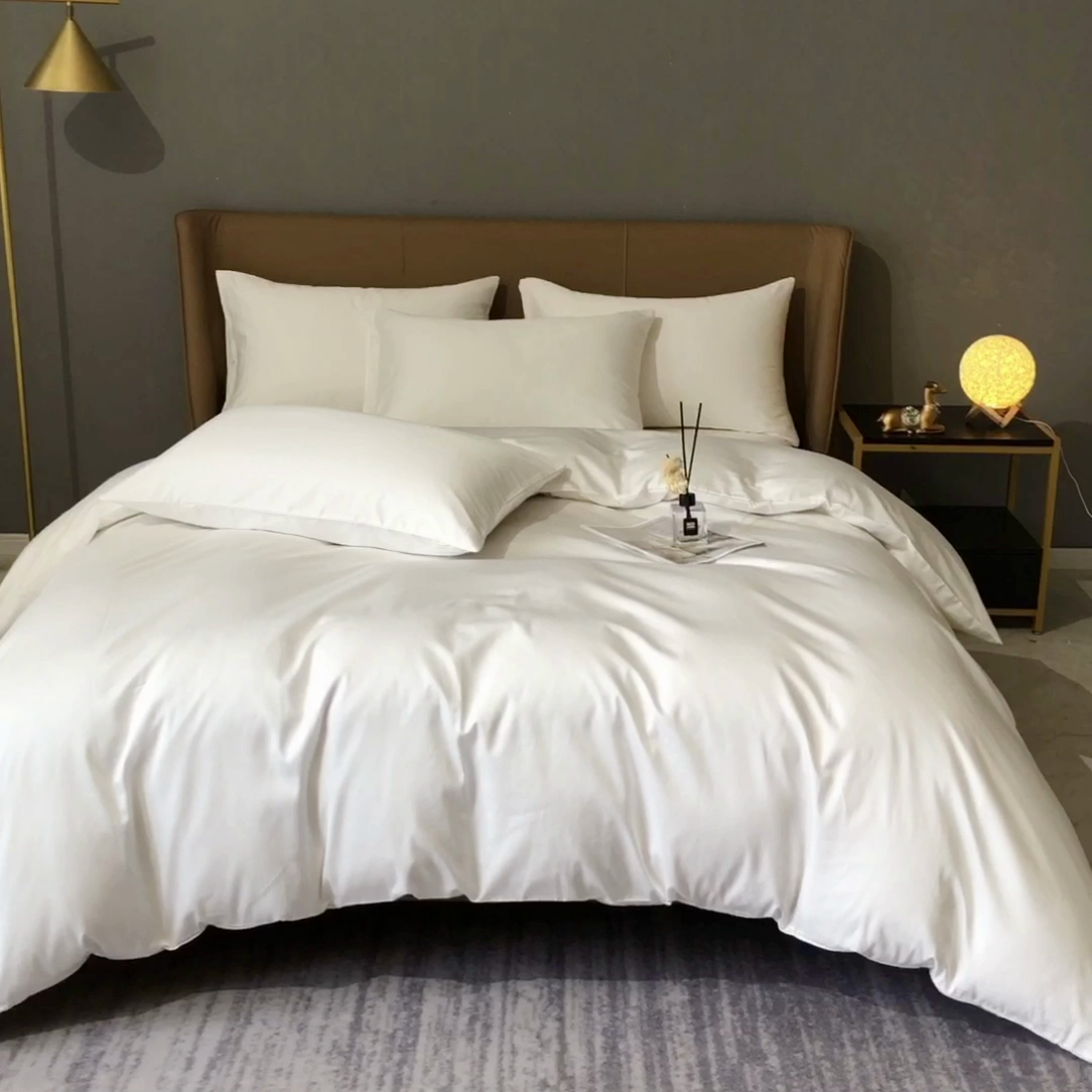 91家纺网 家纺一手货源 找家纺 晶缦家纺 2025新款全棉纯棉50支双股贡缎长绒棉纯色多规格四件套 绮芸-本白色