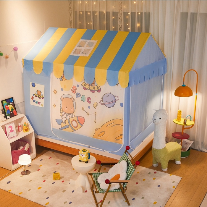 91家纺网 家纺一手货源 找家纺 卓尔居2025新款儿童小房子坐床式防摔蚊帐螺纹碳素钢支架梦幻 梦幻星屋-蓝