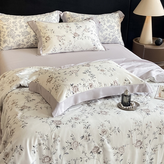 91家纺网 家纺一手货源 找家纺 2025春夏新款简奢款嵌绳莱赛尔数码印花夏被四件套单夏被床笠床单款 情依