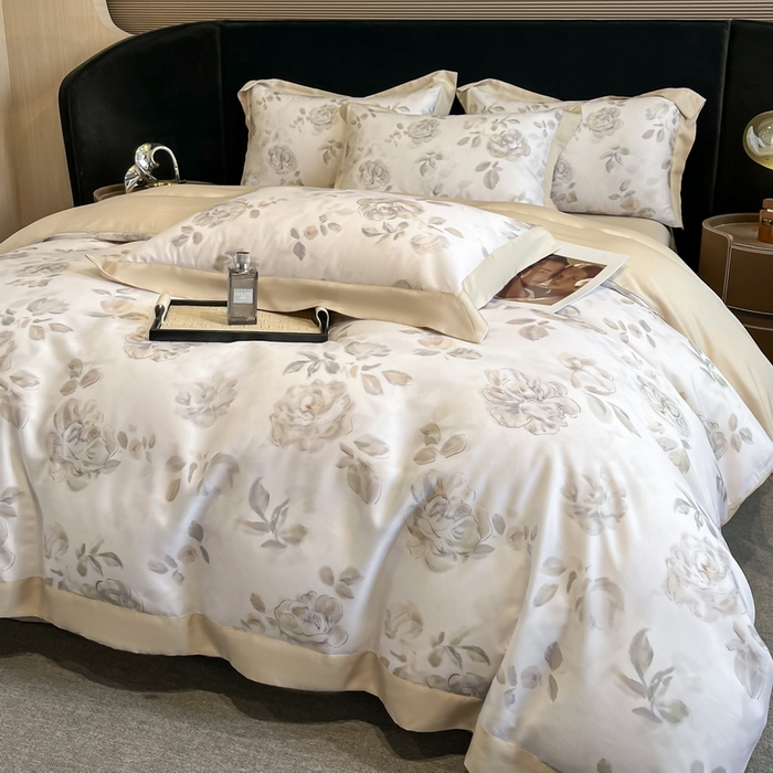 91家纺网 家纺一手货源 找家纺 2025春夏新款简奢款嵌绳莱赛尔数码印花四件套单夏被床笠床单款 蔓艺 