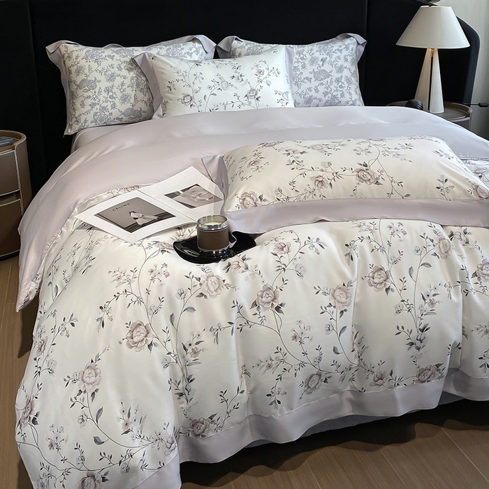 91家纺网 家纺一手货源 找家纺 2025春夏新款简奢款嵌绳莱赛尔数码印花四件套单夏被床笠床单款 情依