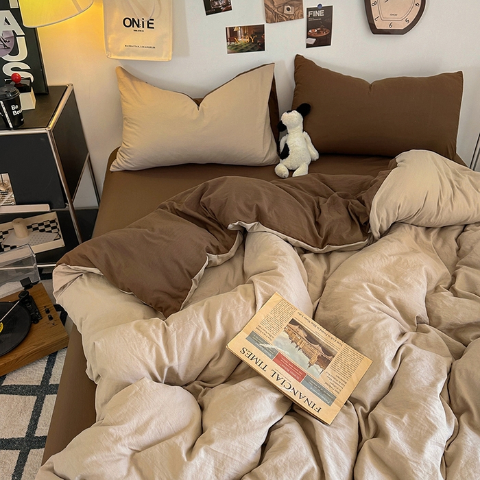 91家纺网 家纺一手货源 找家纺 耀达家居 2025新款纯色A类水洗棉双拼四件套 奶茶可可