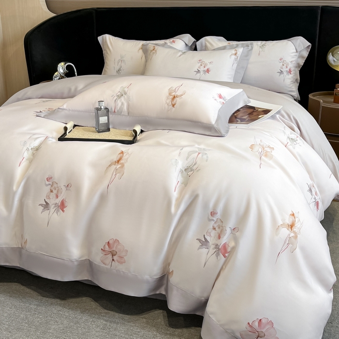 91家纺网 家纺一手货源 找家纺 2025春夏新款简奢款嵌绳莱赛尔数码印花四件套单夏被床笠床单款 遥花