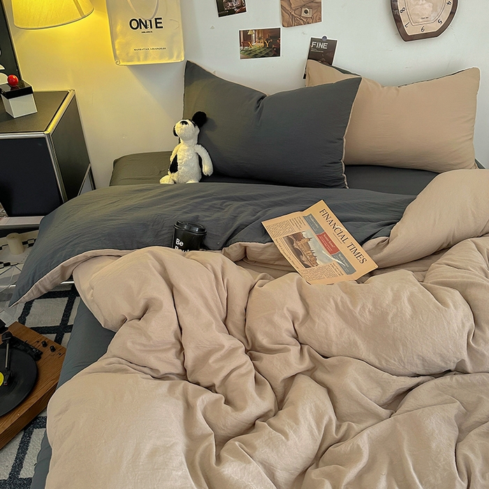 91家纺网 家纺一手货源 找家纺 耀达家居 2025新款纯色A类水洗棉双拼四件套 奶茶灰