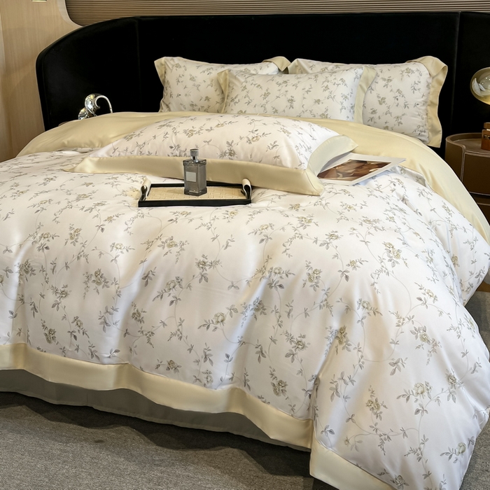 91家纺网 家纺一手货源 找家纺 2025春夏新款简奢款嵌绳莱赛尔数码印花四件套单夏被床笠床单款 云芷