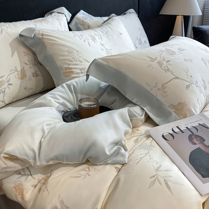 91家纺网 家纺一手货源 找家纺 2025春夏新款简奢款嵌绳莱赛尔数码印花四件套单夏被床笠床单款 妍艺 黄