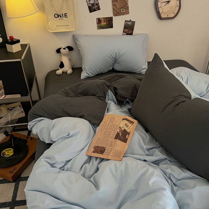 91家纺网 家纺一手货源 找家纺 耀达家居 2025新款纯色A类水洗棉双拼四件套 海盐蓝灰